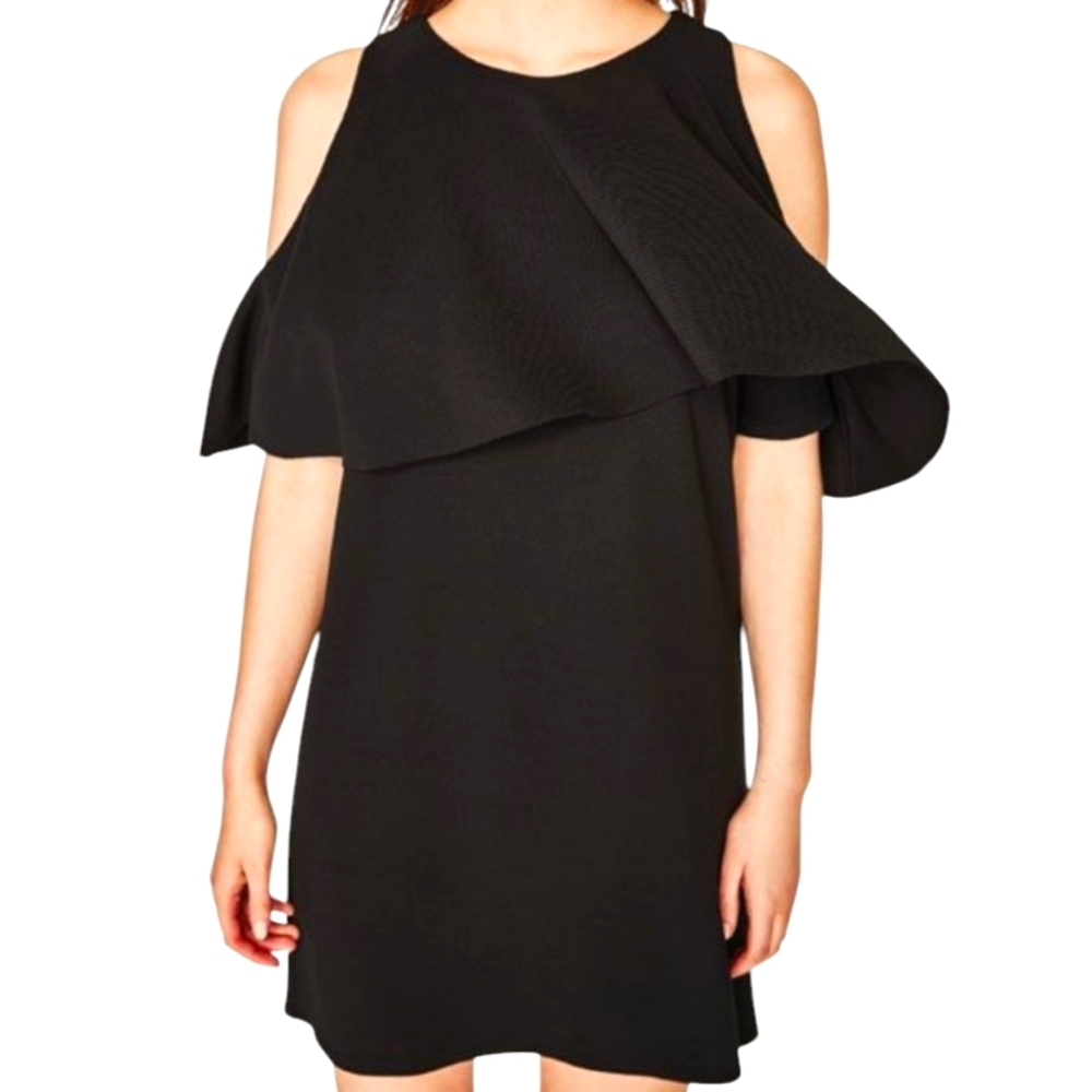 Zara Black Dress Cold Shoulder Ruffle - New - L - Elegant Modest & Chic Formal.
